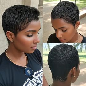 Women's Elegant Elf Haircut Non-toxic Wig - Brazilian Remy Real Hair, Natural Color, Short Straight Hair, All Machine-made, With Buckle Cap.