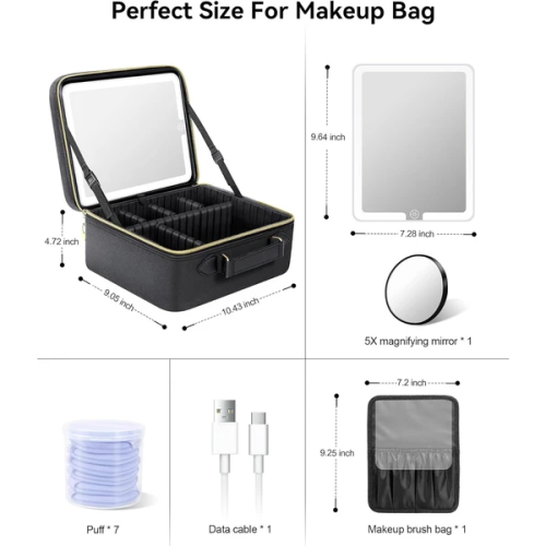 Travel Makeup Bag With LED Mirror,Train Case With Light Up Mirror, Portable Makeup Artist Organizer Bag With Adjustable Dividers, Makeup Brush Ho