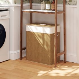 Double Laundry Basket With Lid, 26.4 Gallon Bamboo Laundry Hamper With Rope Handles And Removable Liner, Brown (Option: Brown Cream White)