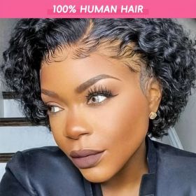 [Curly Human Hair Pixie Cut Wig] 6-Inch Curly Human Hair Wig - Elegant Pixie Cut for Women - 130% Density, Natural Color, 13x1 Lace Frontal (Color: P4/27#, Hair Length: 6inch)